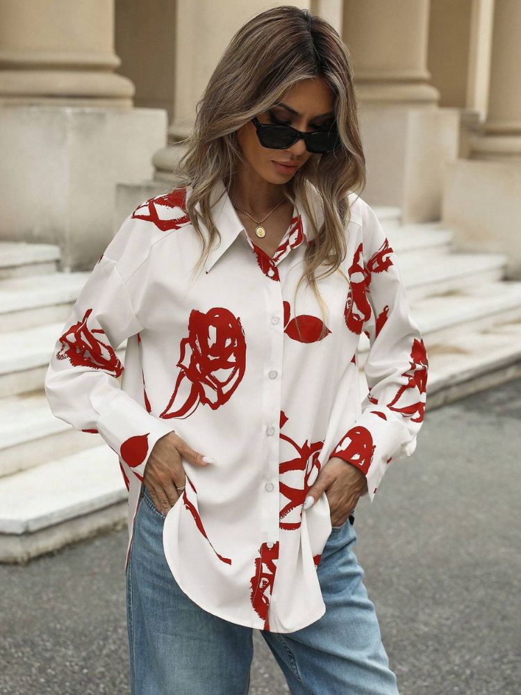 Damenbluse mit Rosenprint und langen Ärmeln
