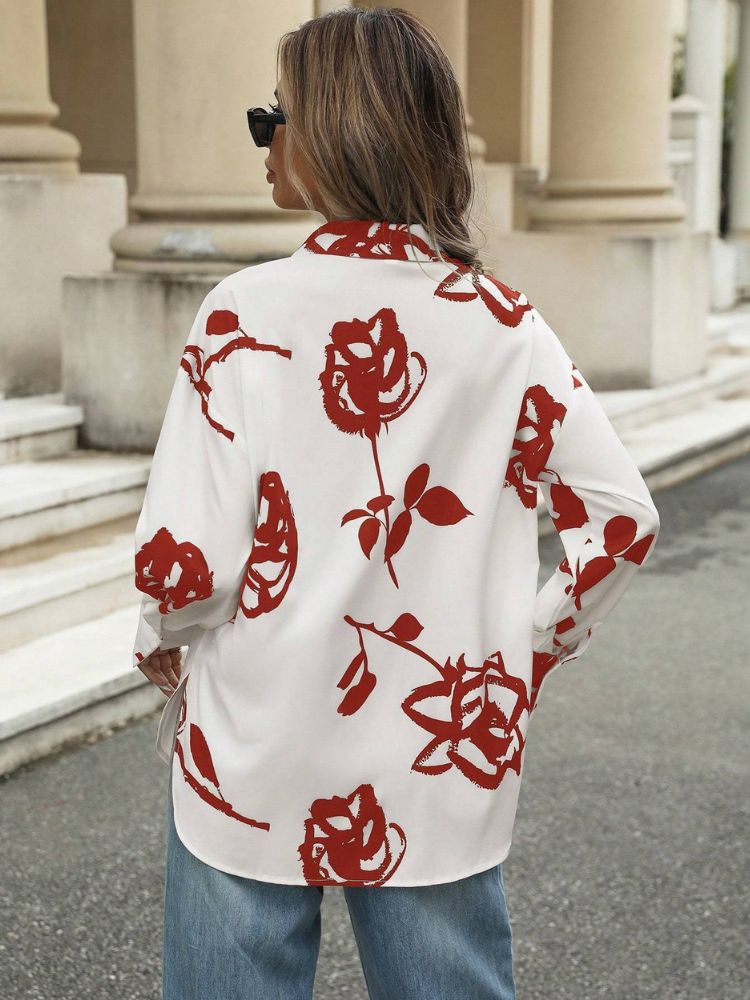 Damenbluse mit Rosenprint und langen Ärmeln